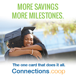 MORE SAVINGS, MORE MILESTONES. The one card that does it all. Connections.coop - Two graduates in caps and gowns hugging.